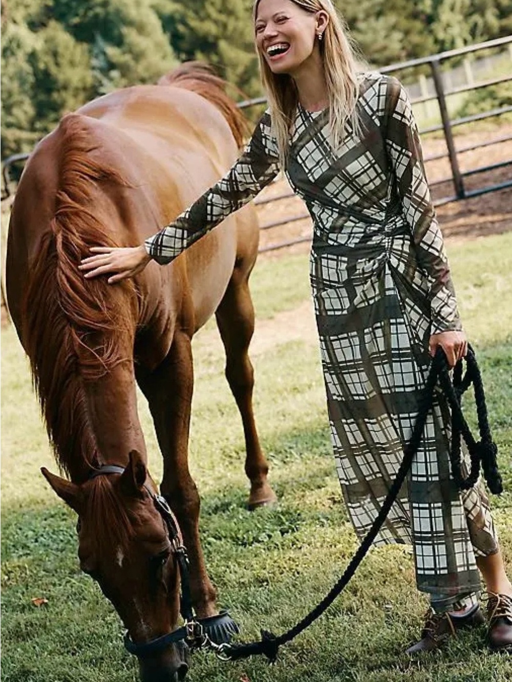 Anthropologie Plaid Long-Sleeve Midi Dress in Olive